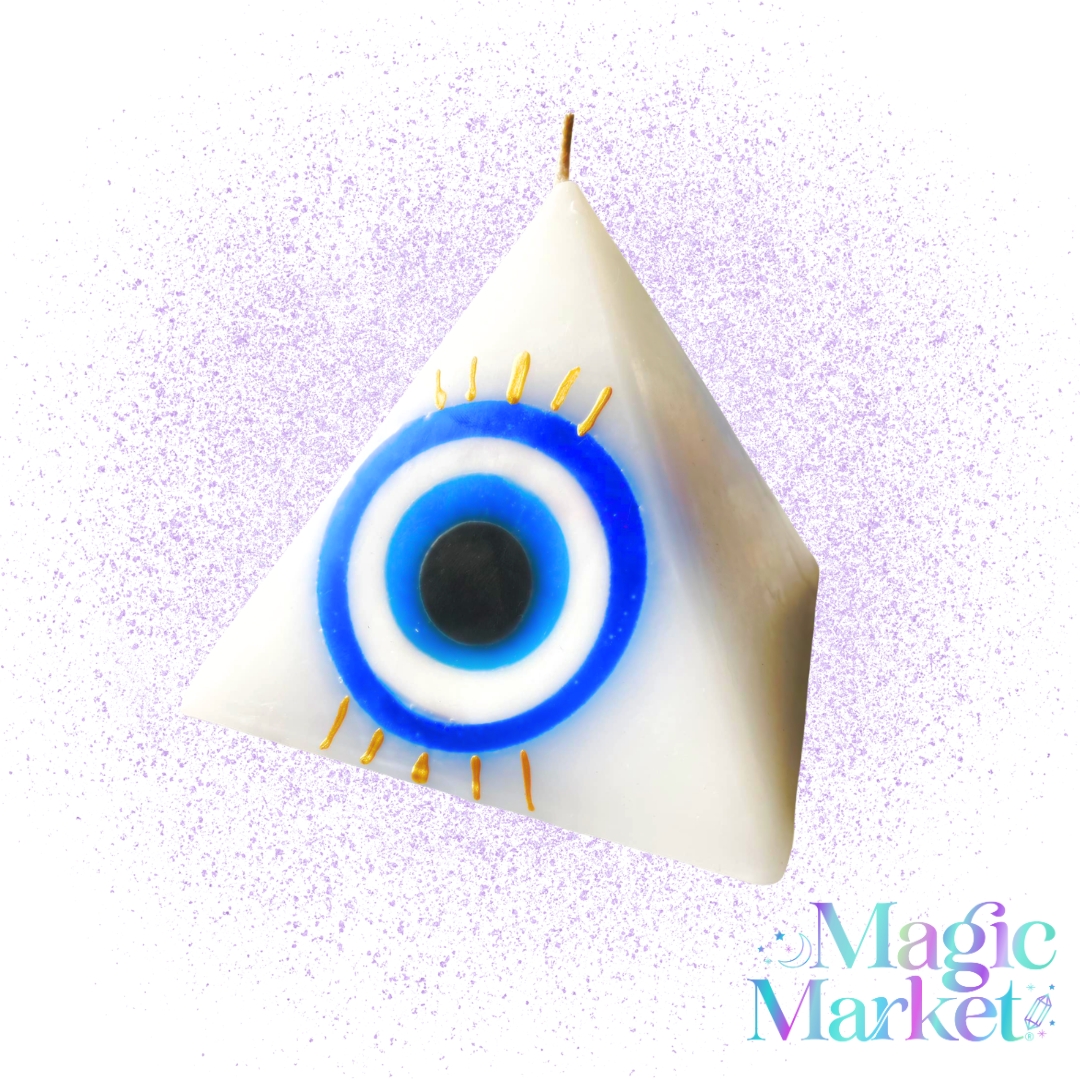 Vela Pirámide Ojo Turco Hamsa artesanal mexicana para meditación, rituales y elevación de la intención