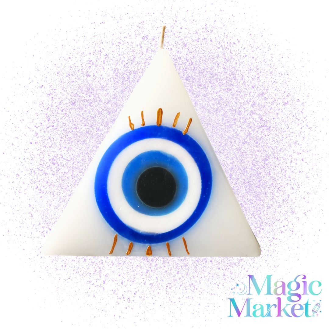 Vela Pirámide Ojo Turco Hamsa artesanal mexicana para meditación, rituales y elevación de la intención